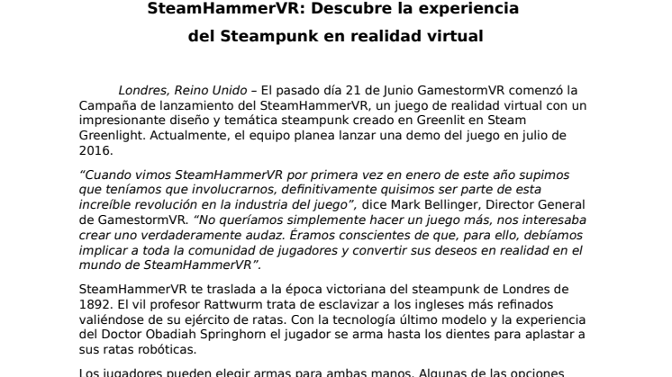 ​SteamHammerVR: Descubre la experiencia  del Steampunk en realidad virtual