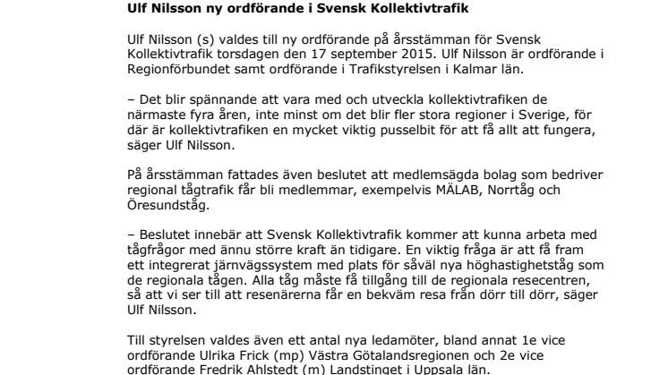 Ulf Nilsson ny ordförande i Svensk Kollektivtrafik
