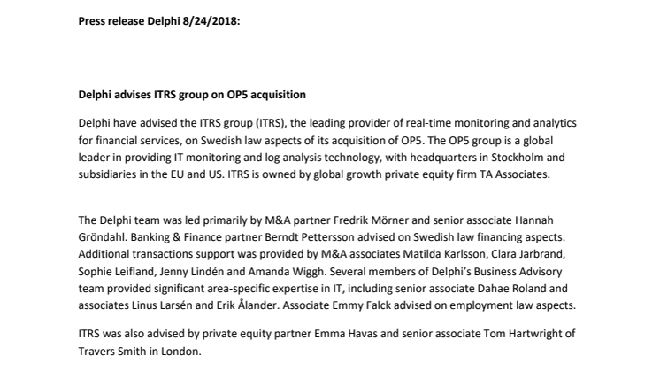 Delphi advises ITRS group on OP5 acquisition