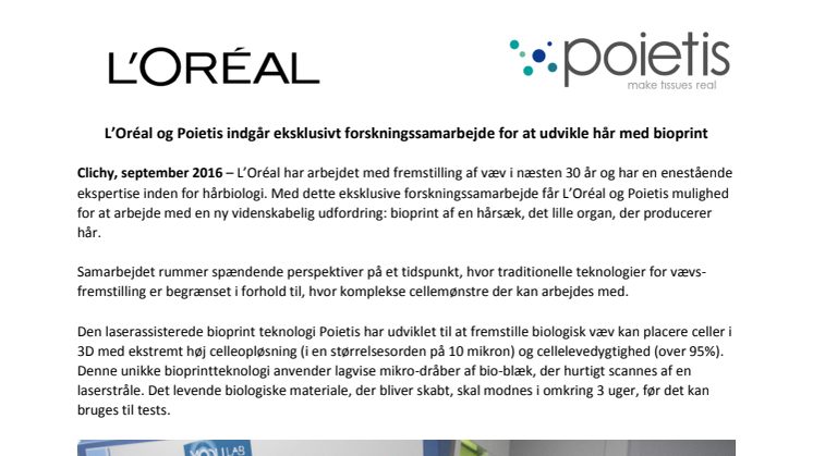 L'Oréal og Poietis indgår eksklusivt forskningssamarbejde for udvikling af bioprint af hår