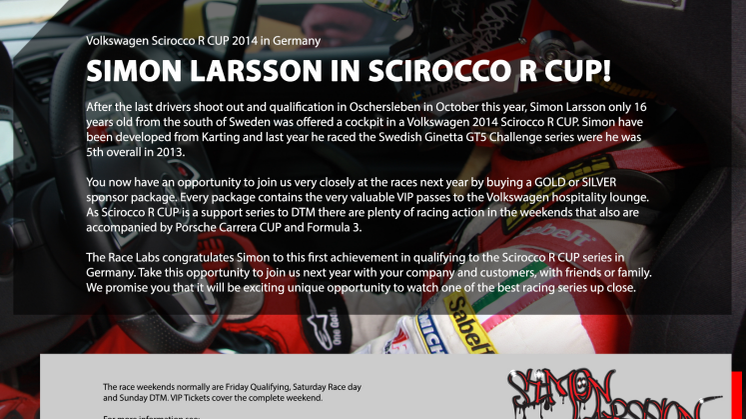 Sponsor Package for Volkswagen Scirccco R CUP in Germany Simon Larsson