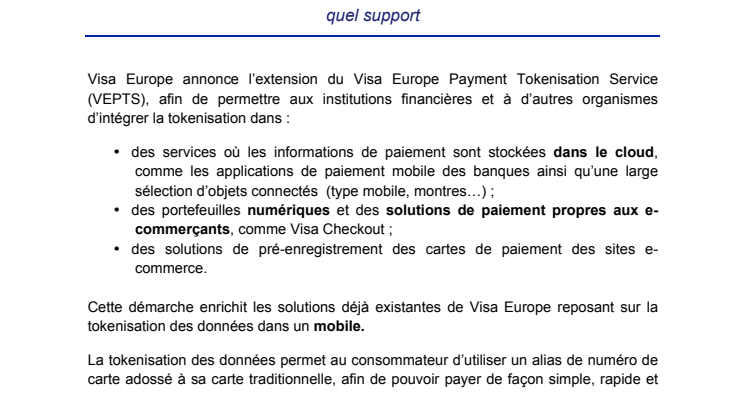 Visa Europe étend son service de tokenisation, pour sécuriser les paiements via le cloud et sur d’autres plateformes 