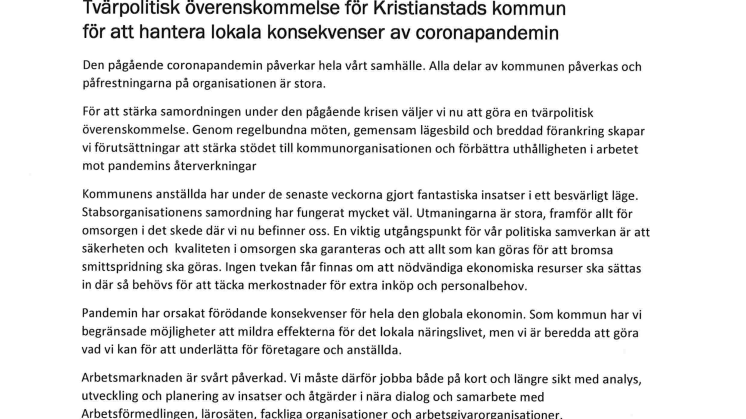 Tvärpolitisk överenskommelse om coronainsatser i Kristianstad