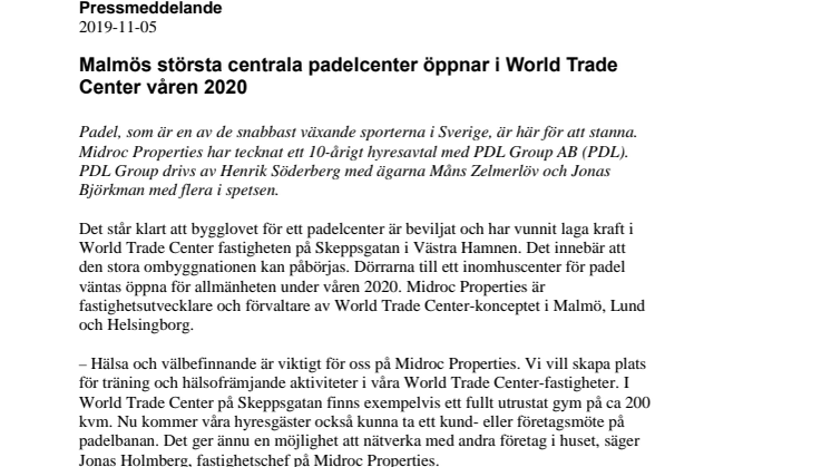 Malmös största centrala padelcenter öppnar i World Trade Center våren 2020 