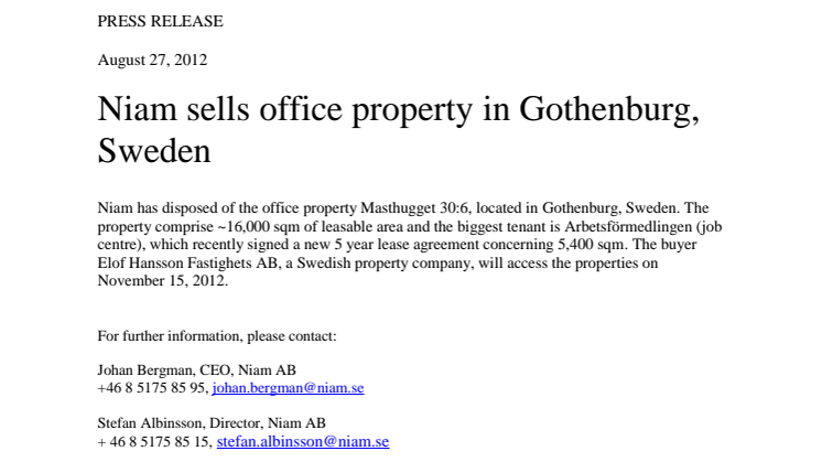 Niam sells office property in Gothenburg, Sweden