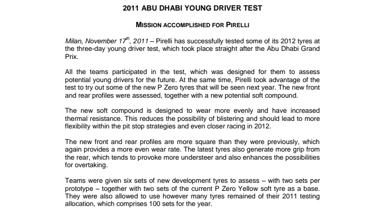 Pirellis nya Formel 1-däck för 2012 testade för första gången i Abu Dhabi 