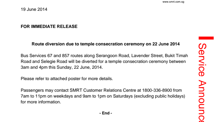 Route diversion due to temple consecration ceremony on 22 June 2014