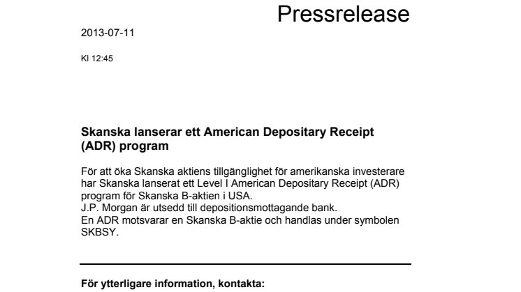 Skanska lanserar ett American Depositary Receipt (ADR) program 