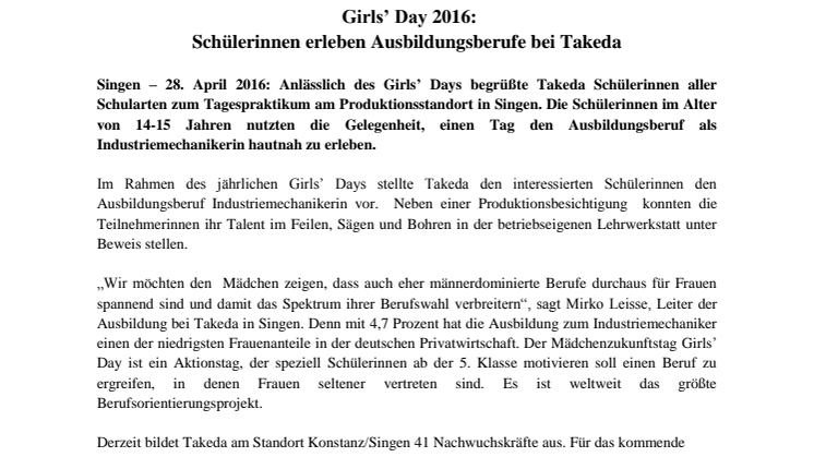 Girls’ Day 2016: Schülerinnen erleben Ausbildungsberufe bei Takeda