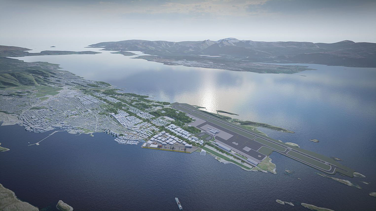 Den nye flyplassen i Bodø skal stå ferdig i 2027 og blir starten på en helt ny bydel som skal utvikles. Illustrasjonsbilde: Bodø kommune