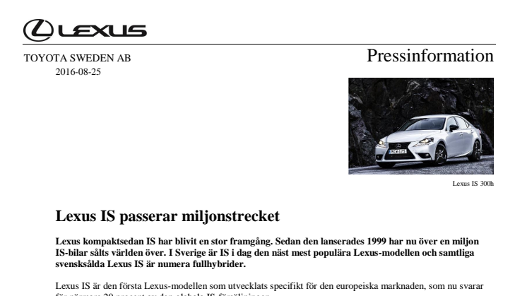 Lexus IS passerar miljonstrecket