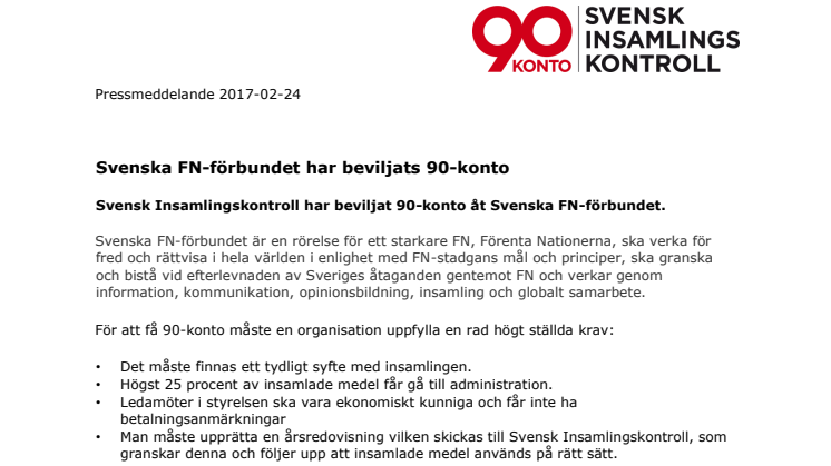 Svenska FN-förbundet har beviljats 90-konto