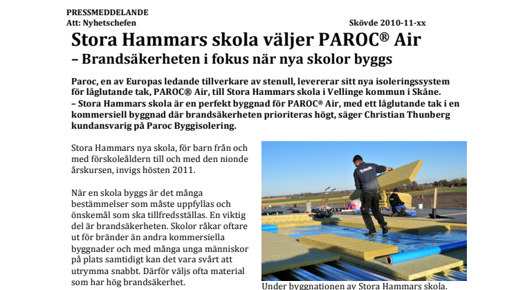 Stora Hammars skola väljer PAROC® Air – Brandsäkerheten i fokus när nya skolor byggs 
