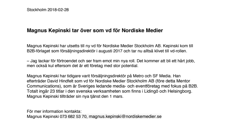 Magnus Kepinski tar över som vd för Nordiske Medier
