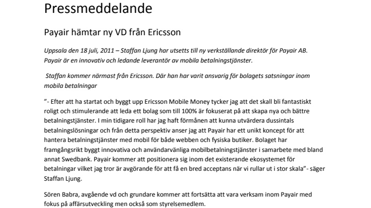 Payair hämtar ny VD från Ericsson