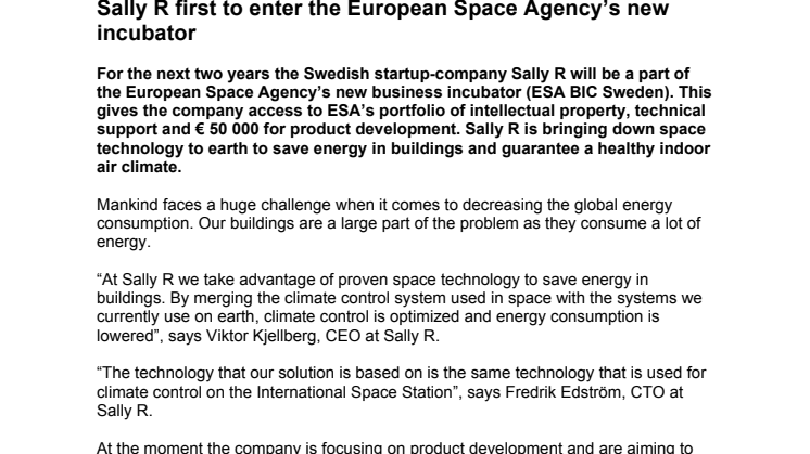 Sally R first to enter the European Space Agency’s new incubator