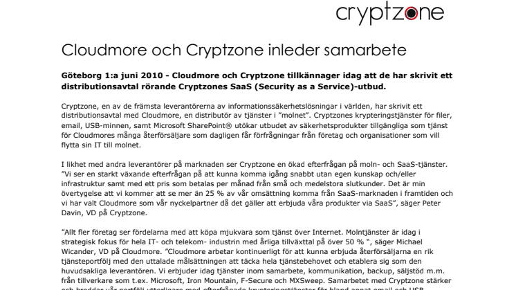 Cloudmore och Cryptzone inleder samarbete