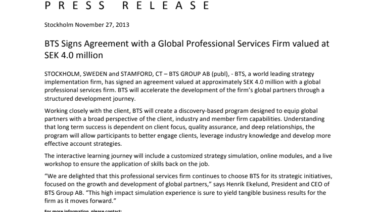 BTS Signs Agreement with a Global Professional Services Firm valued at SEK 4.0 million