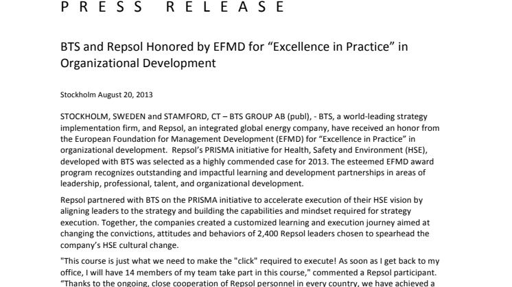 BTS and Repsol Honored by EFMD for “Excellence in Practice” in Organizational Development