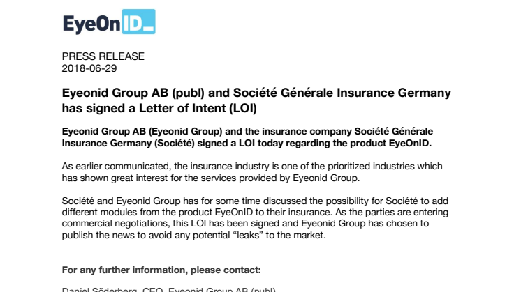 Eyeonid Group AB (publ) and Société Générale Insurance Germany has signed a Letter of Intent (LOI)