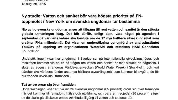 Ny studie: Vatten och sanitet bör vara högsta prioritet på FN-toppmötet i New York om svenska ungdomar får bestämma