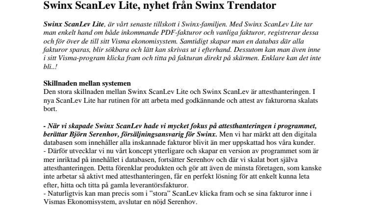 Swinx ScanLev Lite, nyhet från Swinx Trendator