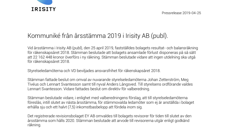 Kommuniké från årsstämma 2019 i Irisity AB (publ).