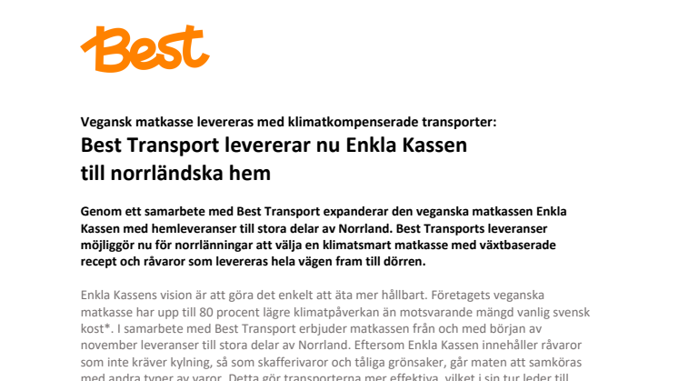 Best Transport levererar nu Enkla Kassen till norrländska hem