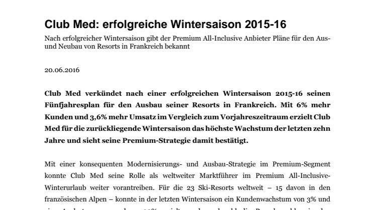 Club Med: erfolgreiche Wintersaison 2015-16