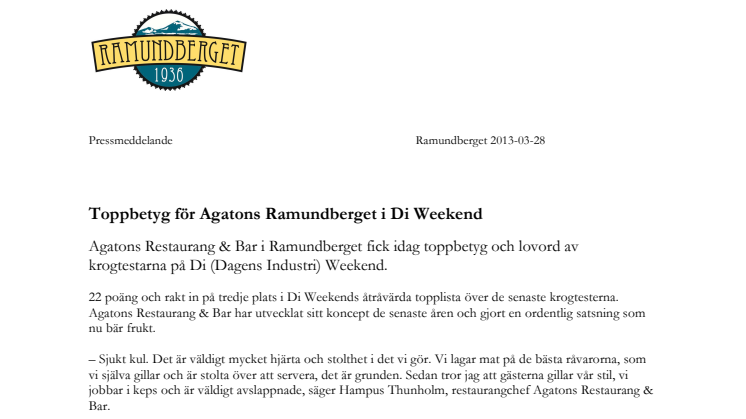 Toppbetyg för Agatons i Di Weekend