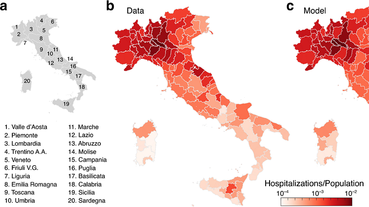 The comparative analysis of data and model results for hospitalizations in 107 Italian provinces as of May 1, 2020 is supported by: a a sketch of the Italian regions; b, c the prevalence of cumulative hospitalizations in each Italian province up to M