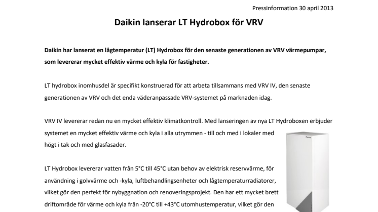 Daikin lanserar lågtemperatur (LT) Hydrobox för VRV