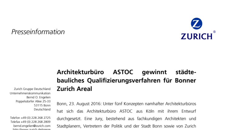 Architekturbüro ASTOC gewinnt städtebauliches Qualifizierungsverfahren für Bonner Zurich Areal