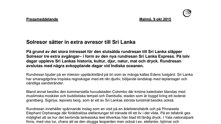 Solresor sätter in extra avresor till Sri Lanka