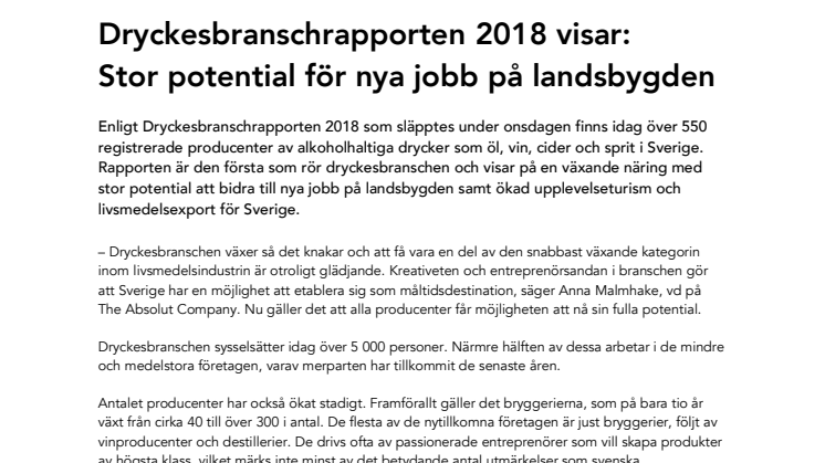 Dryckesbranschrapporten 2018 visar: Stor potential för nya jobb på landsbygden
