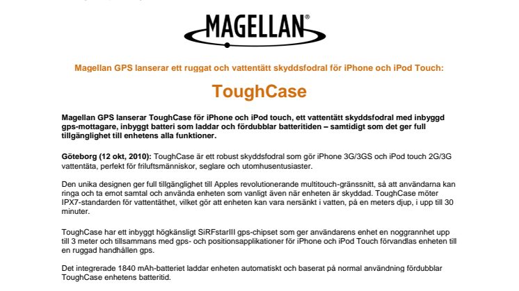 Magellan GPS lanserar ett ruggat och vattentätt skyddsfodral för iPhone och iPod Touch: ToughCase