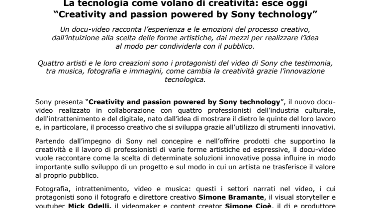 La tecnologia come volano di creatività: esce oggi  “Creativity and passion powered by Sony technology”