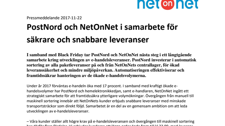 PostNord och NetOnNet i samarbete för säkrare och snabbare leveranser