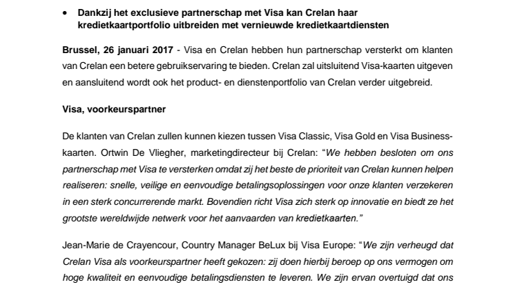 Crelan kiest Visa als voorkeurspartner voor kredietkaarten - Houders van een Crelan Visa-kaart krijgen toegang tot nieuwe diensten 