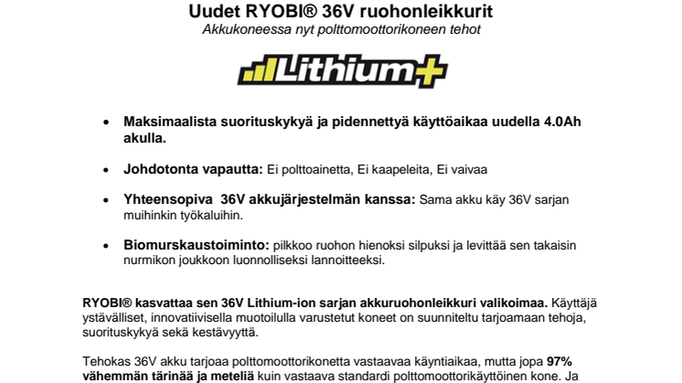 Uudet RYOBI® 36V ruohonleikkurit