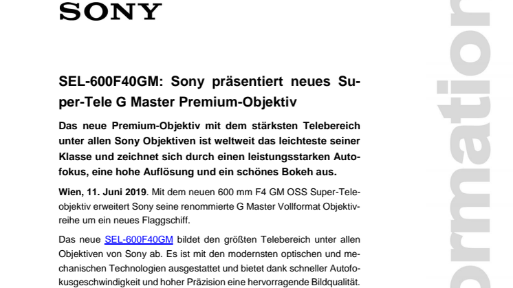 SEL-600F40GM: Sony präsentiert neues Super-Tele G Master Premium-Objektiv 