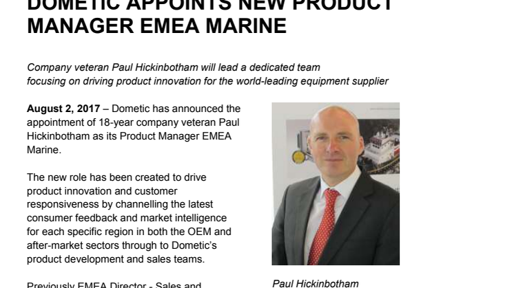 Dometic: Dometic Appoints New Product Manager EMEA Marine