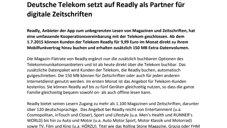 Deutsche Telekom setzt auf Readly als Partner für digitale Zeitschriften