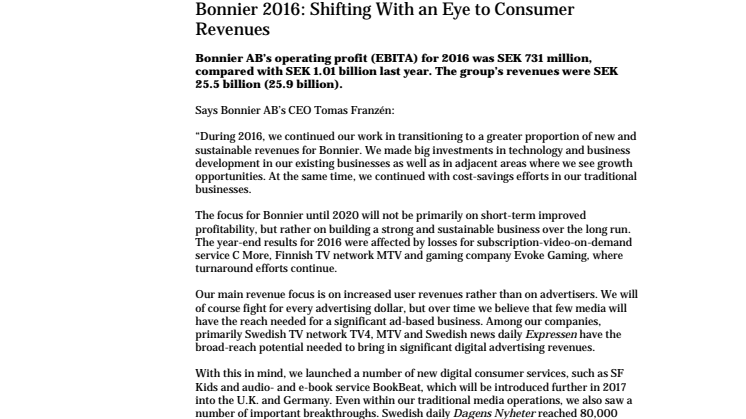 Bonnier 2016: Shifting With an Eye to Consumer Revenues