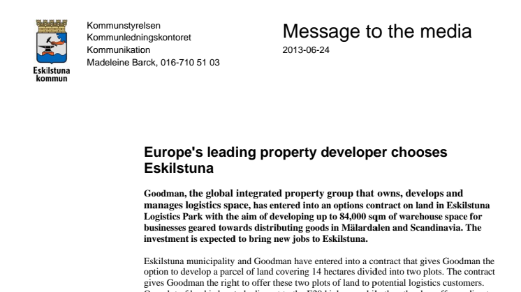 Europe's leading property developer chooses Eskilstuna