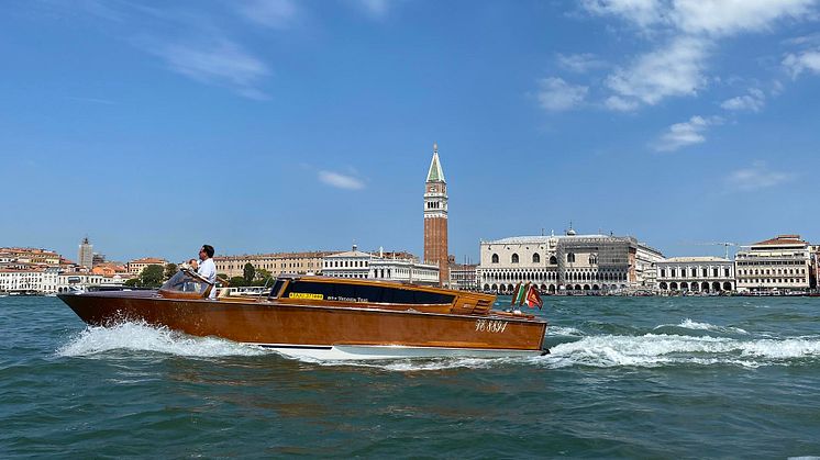 A Yanmar 4LV150 clean marine diesel powers Matteo Tiepolato's traditional wooden taxi boat “Aquamarina”.