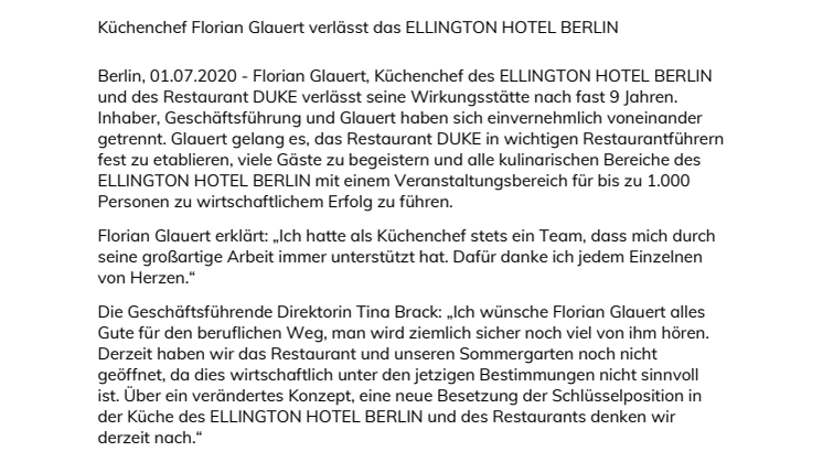 Küchenchef Florian Glauert verlässt das ELLINGTON HOTEL BERLIN
