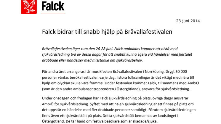 Falck bidrar till snabb hjälp på Bråvallafestivalen