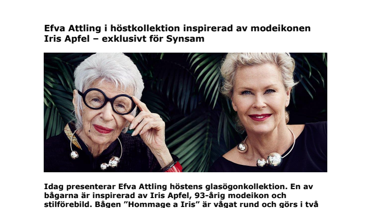 Efva Attling i höstkollektion inspirerad av modeikonen Iris Apfel – exklusivt för Synsam