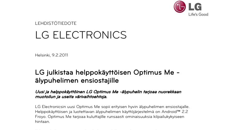 LG julkistaa helppokäyttöisen Optimus Me - älypuhelimen ensiostajille